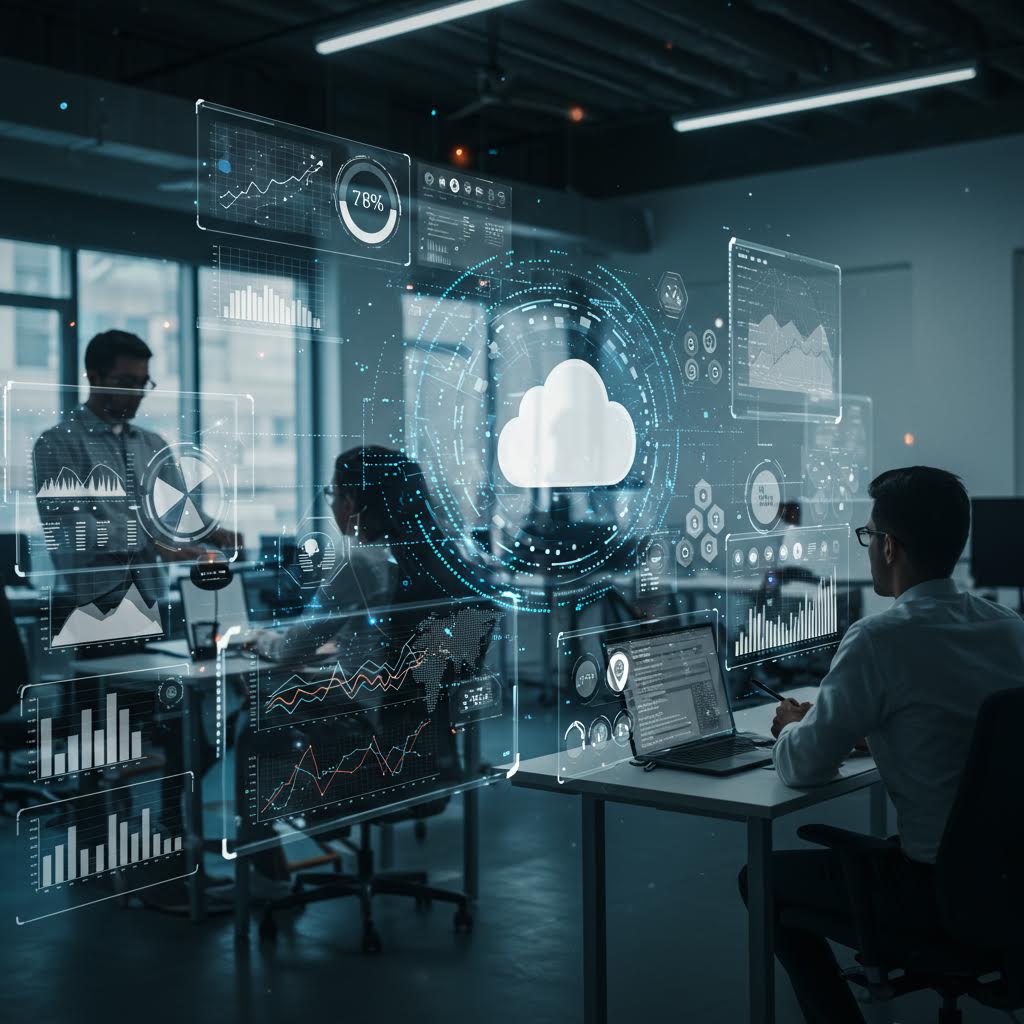 미래 트렌드를 알파벳 솔루션과 연계된 시각화 대시보드에서 검토하는 전문가들