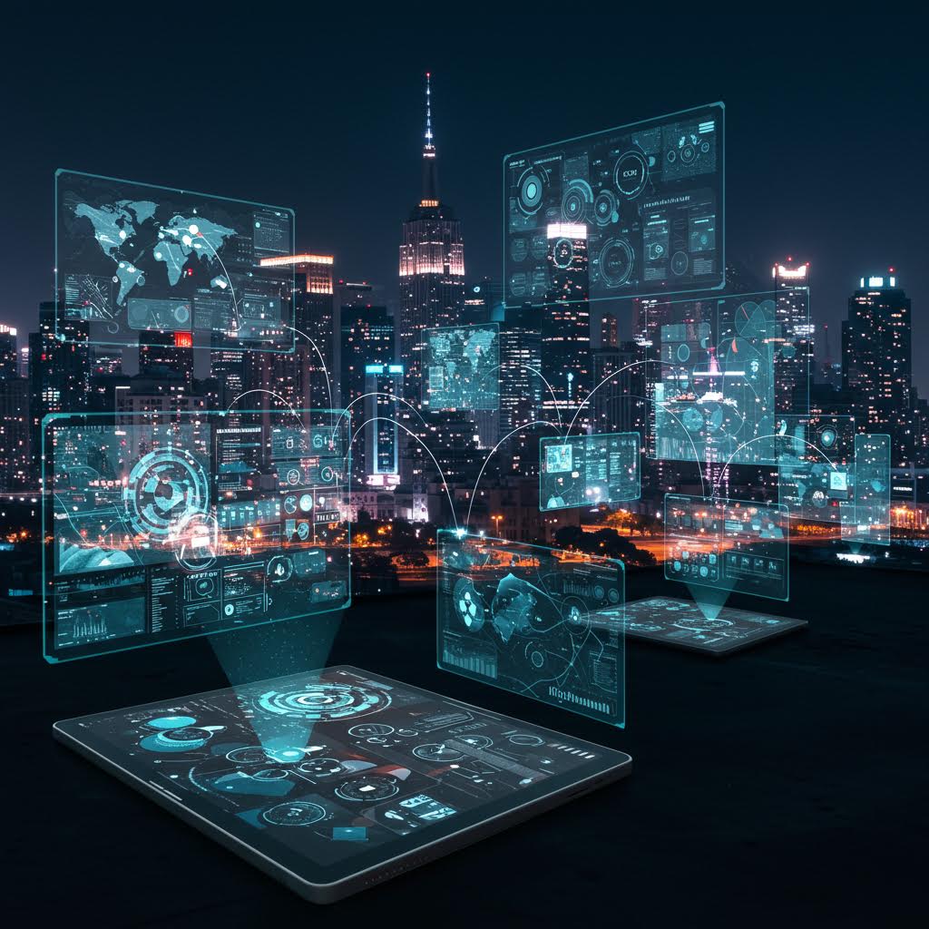 알파벳 데이터가 반영된 디지털 패널들이 도시 위에 떠 있는 스마트 관리 인터페이스