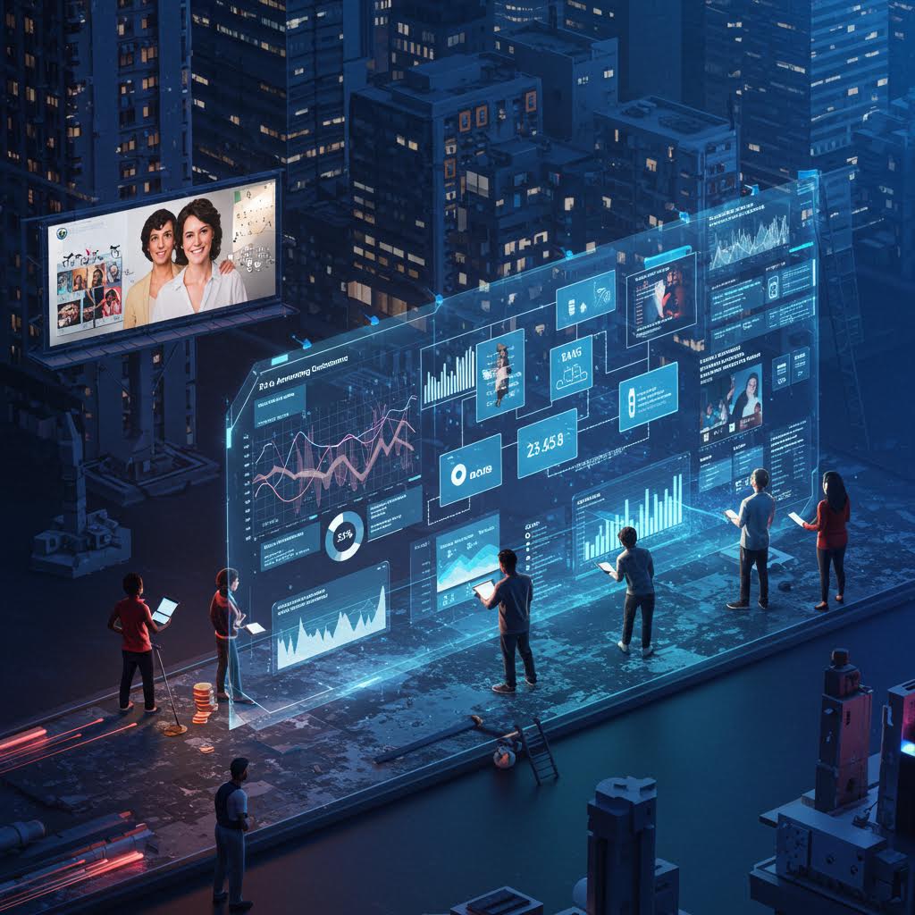 도시 한가운데 투명한 대형 화면에 그래프와 지표가 떠오르며 협업이 이루어지는 순간이 루믹스 솔루션을 연상시키는 흐름