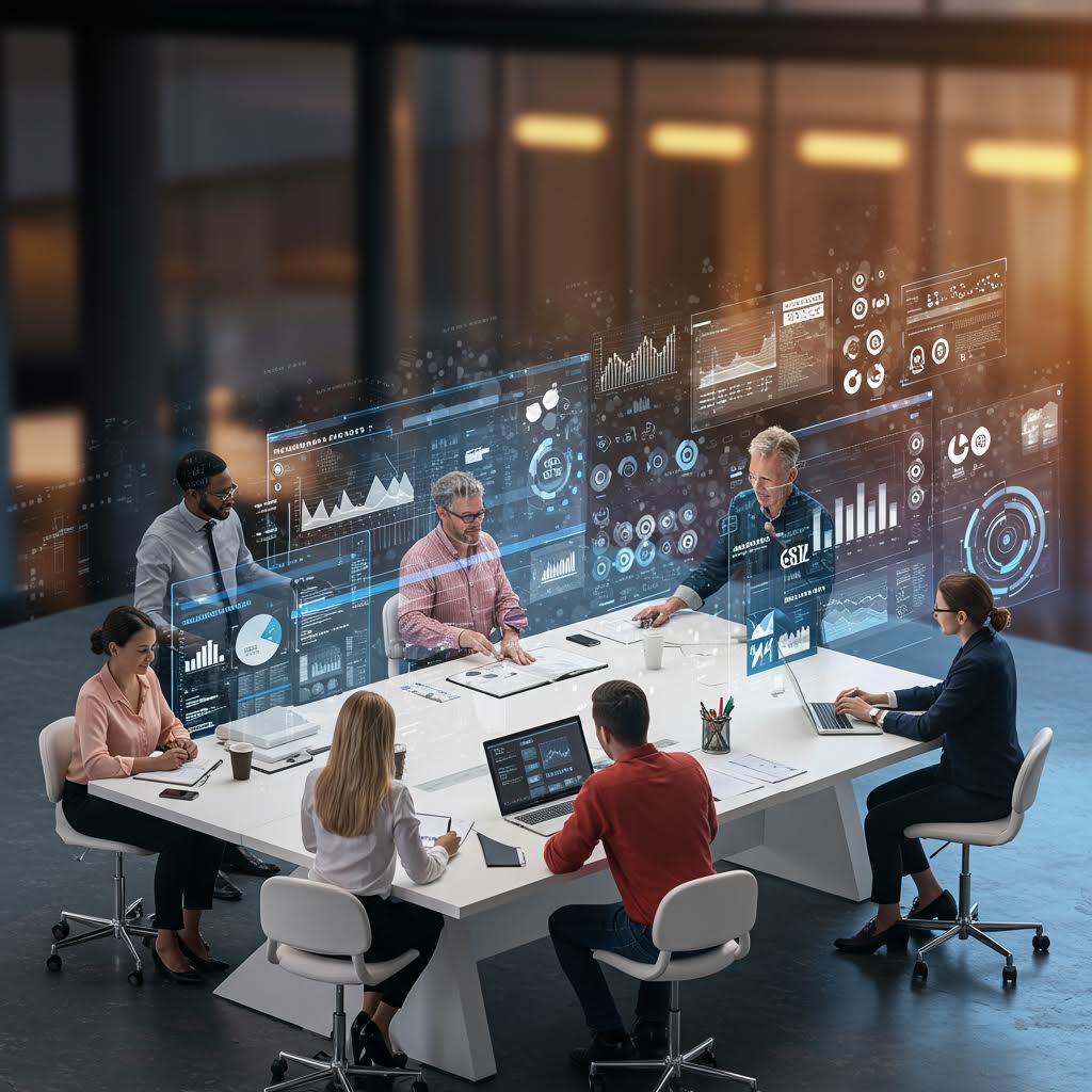 회의실 테이블에 모인 사람들이 거대한 디지털 패널과 함께 있는 장면은 루믹스가 주도하는 통합 관리 플랫폼을 상징하는 모습