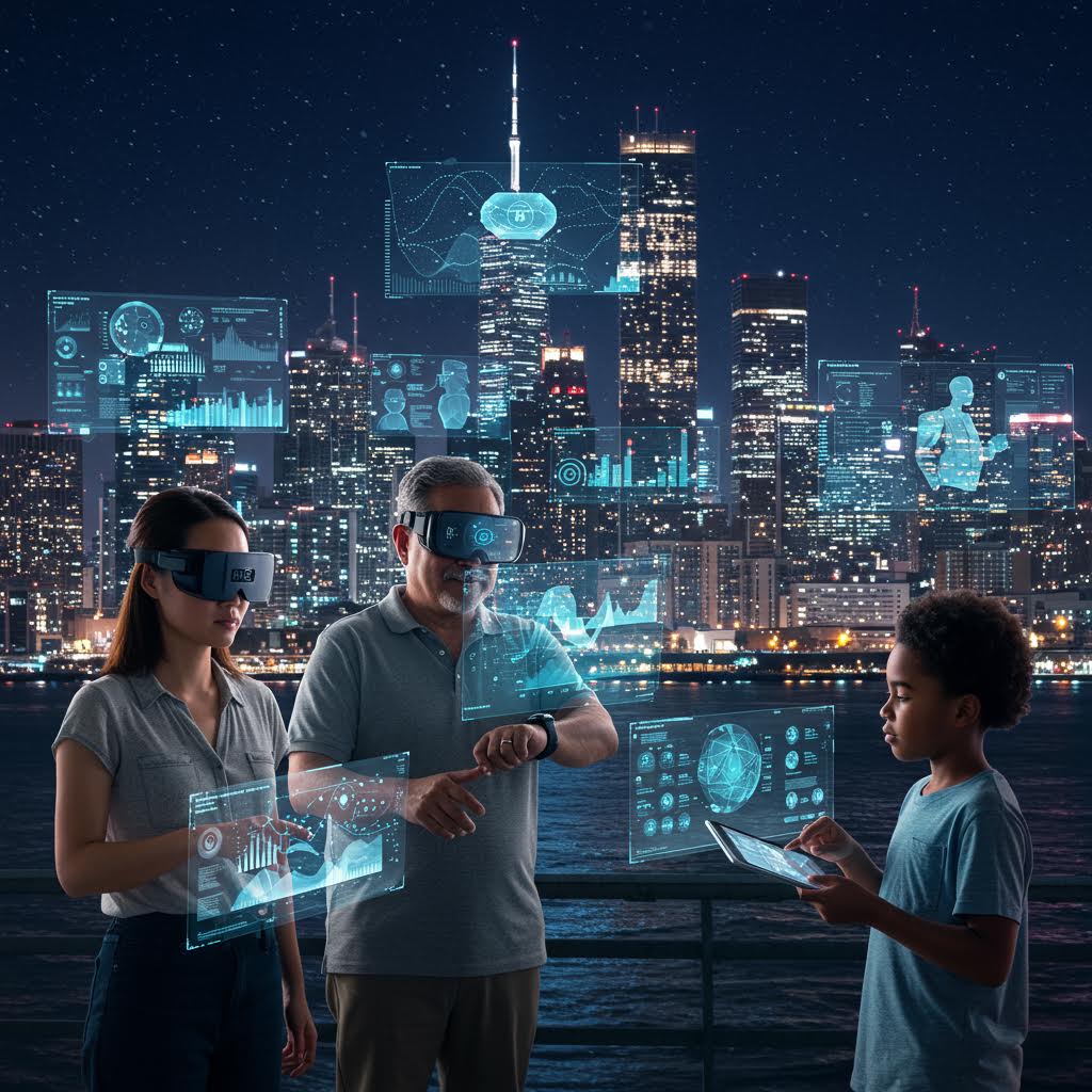 가상현실 장비를 착용한 인물들과 아이가 디지털 인터페이스를 조작하며 미래형 미디어 생태계를 상징하는 모습