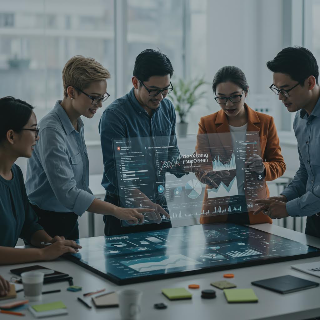 데이터 패널을 분석하는 전문가들이 모여 있는 모습으로 루믹스 기반 디지털 성장 체계를 드러낸 이미지