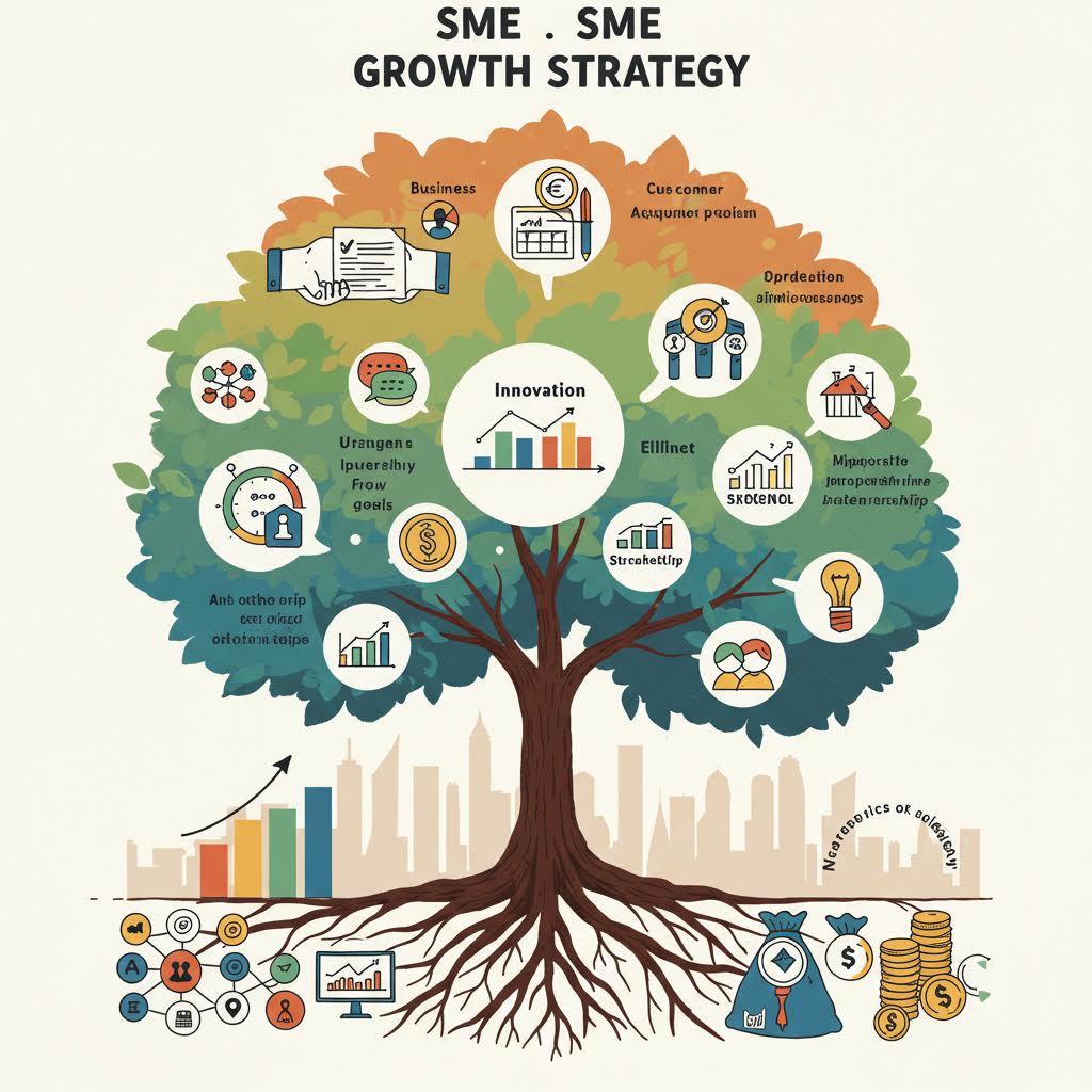 뿌리와 가지에 각각 경영 지표가 표현된 일러스트로 기업 성장 구조를 형상화한 장면