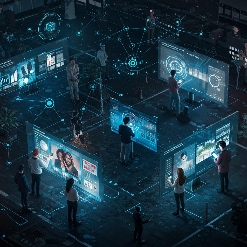 여러 사람이 디지털 화면을 다루는 장면 속에서 솔루션의 흐름처럼 루믹스가 스며드는 순간