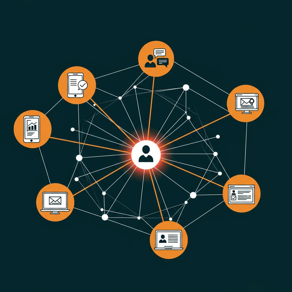 중앙 인물 아이콘과 연결된 여러 업무 아이콘들이 루믹스를 연상시키며 통합적 솔루션 운영을 보여주는 장면