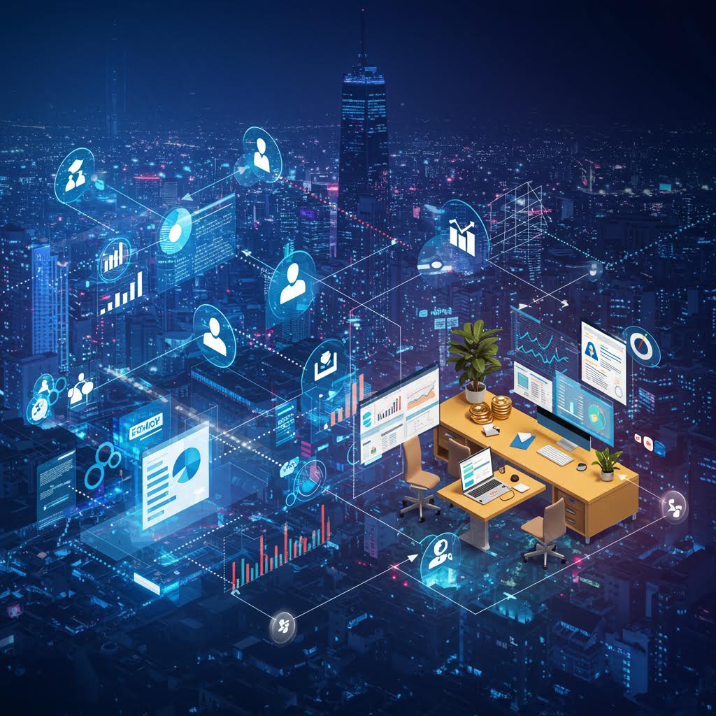 도시 전경 위에 백오피스 책상과 디지털 아이콘이 겹쳐진 장면으로 루믹스와 연계된 마케팅·정산 융합 구조를 드러낸 이미지