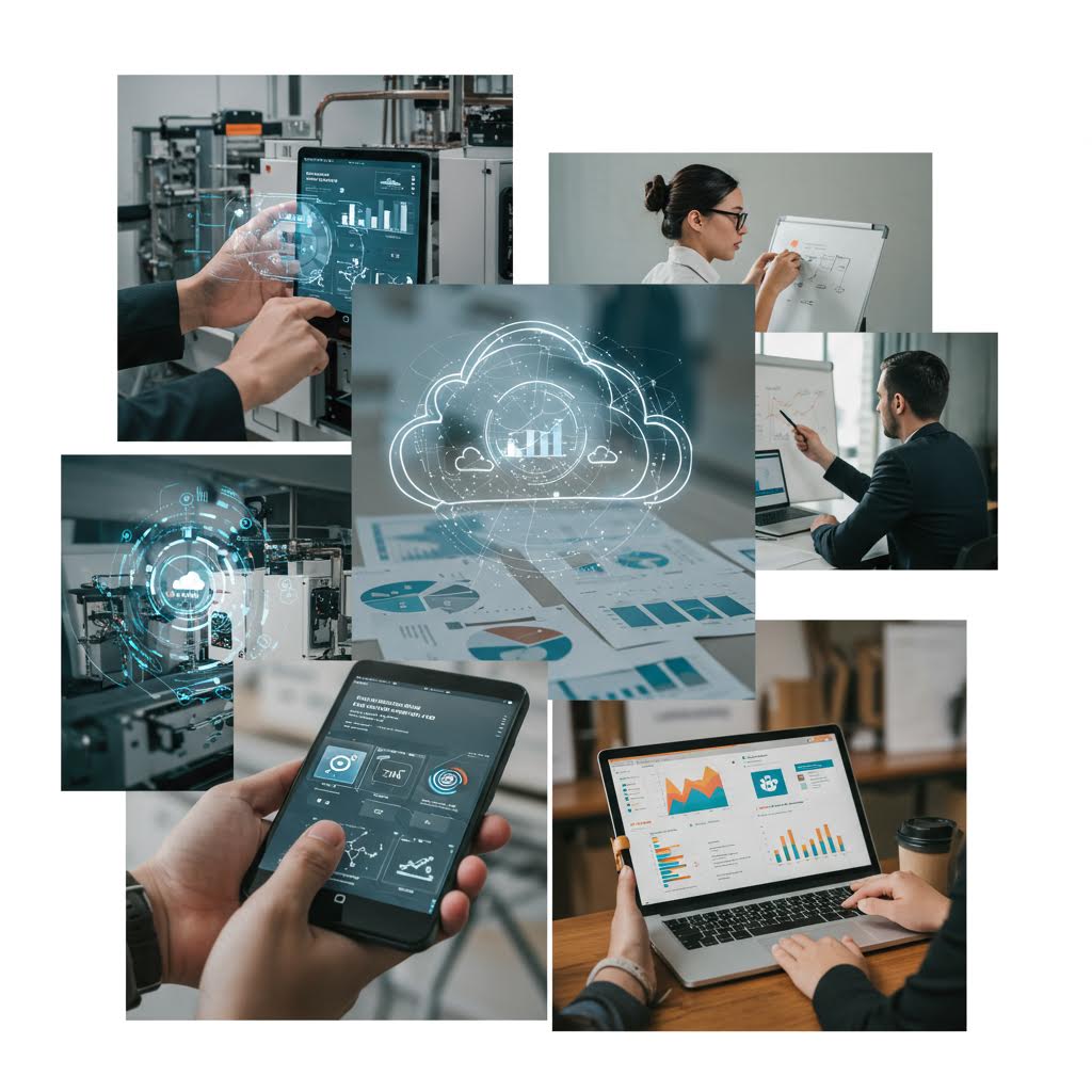 클라우드 네트워크와 연결된 다양한 분석 화면이 결합된 이미지, 효율적인 의사결정을 상징하는 장면