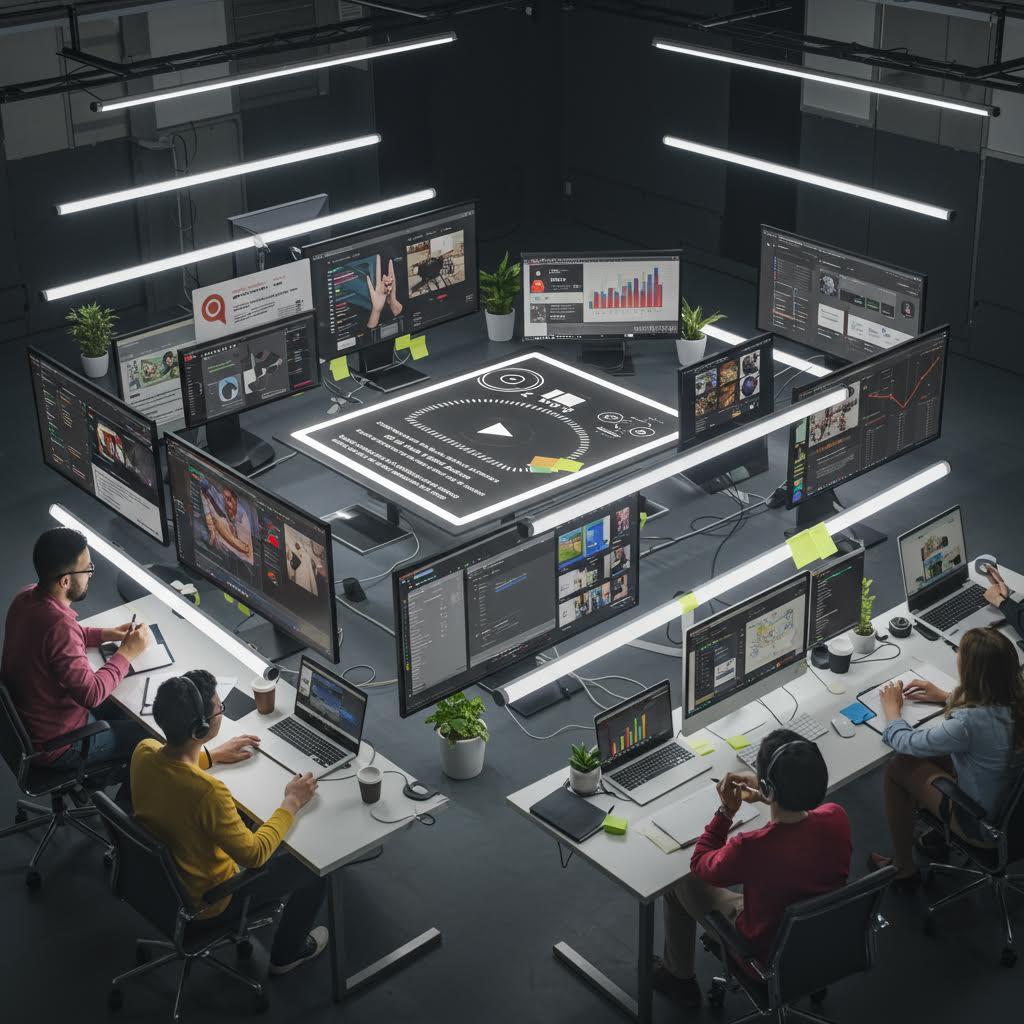 디지털 콘텐츠와 데이터 대시보드를 통합 관제하는 작업 공간에서 루믹스가 플랫폼 운영을 최적화하는 요소로 나타난 이미지