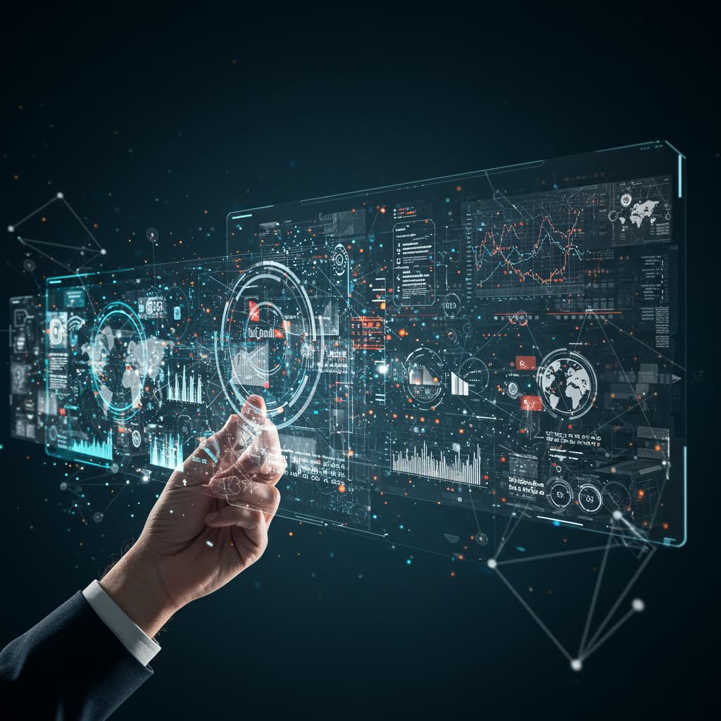 투명한 패널을 손끝으로 조작하며 데이터 흐름을 다루는 장면에 구축의 은유처럼 루믹스가 어우러지는 인상