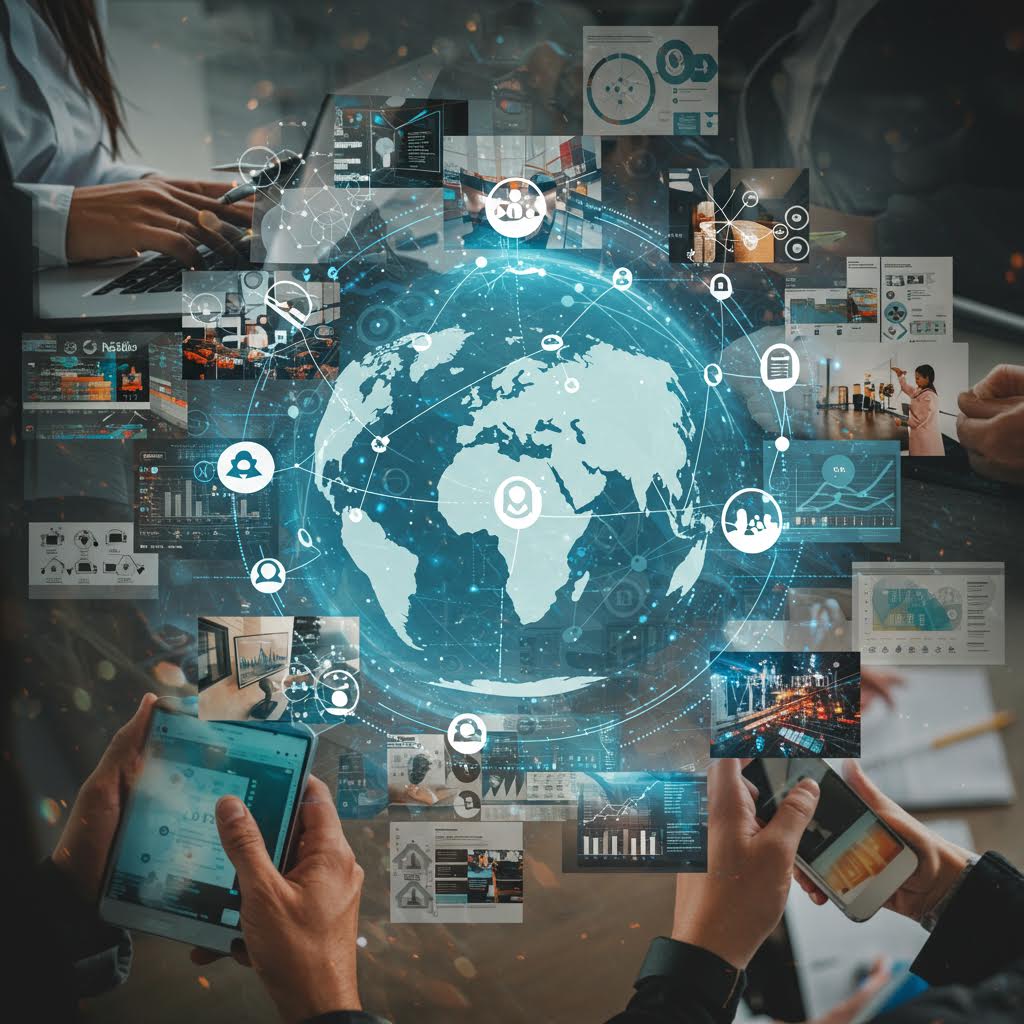 지구본을 중심으로 다양한 데이터와 이미지가 연결된 디지털 네트워크 장면, 이는 루믹스를 연상시키는 운영 및 구축 솔루션을 은유적으로 표현한 이미지