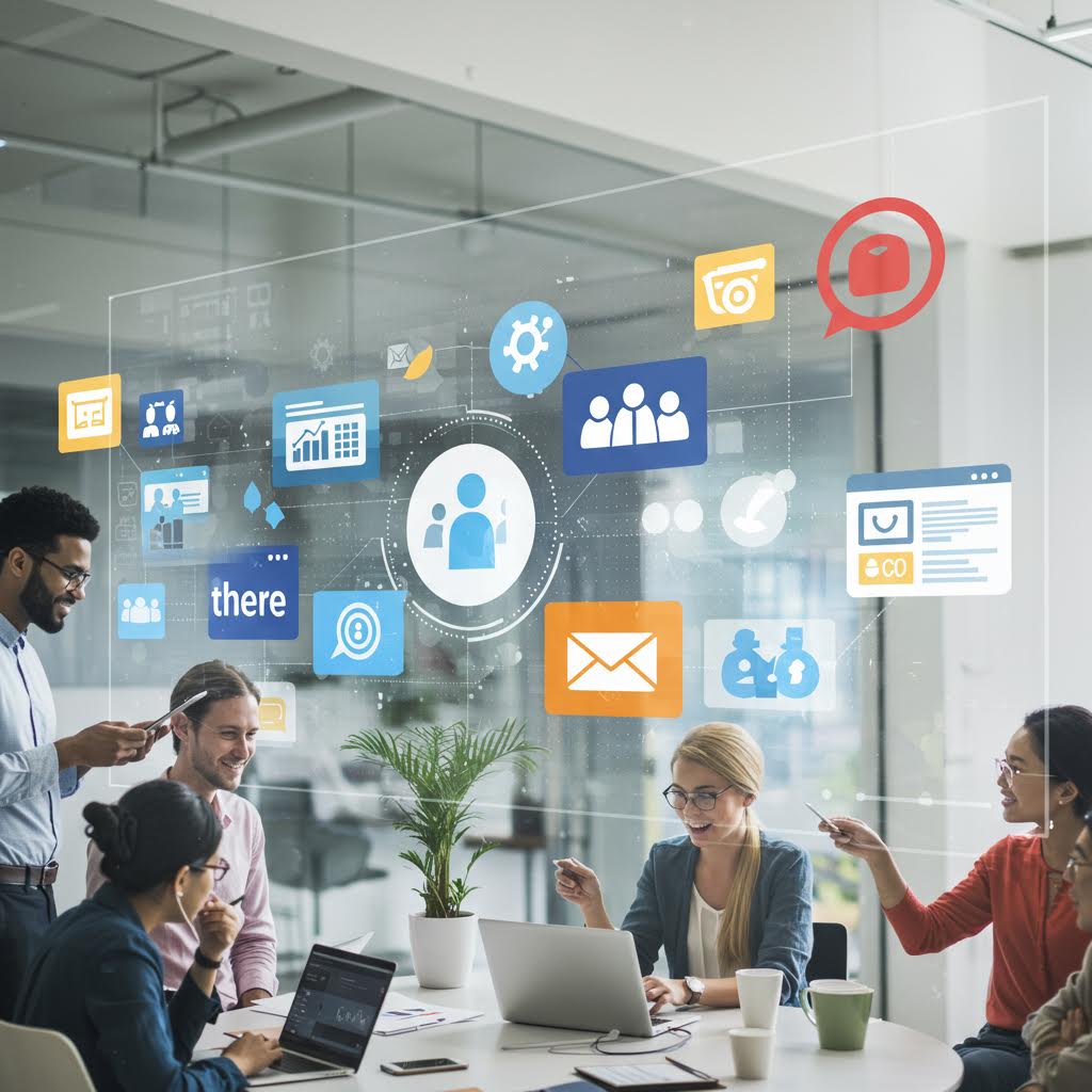 투명 스크린에 디지털 아이콘이 시각화된 회의 장면에서 루믹스가 실시간 커뮤니케이션 관리 요소로 표현된 장면