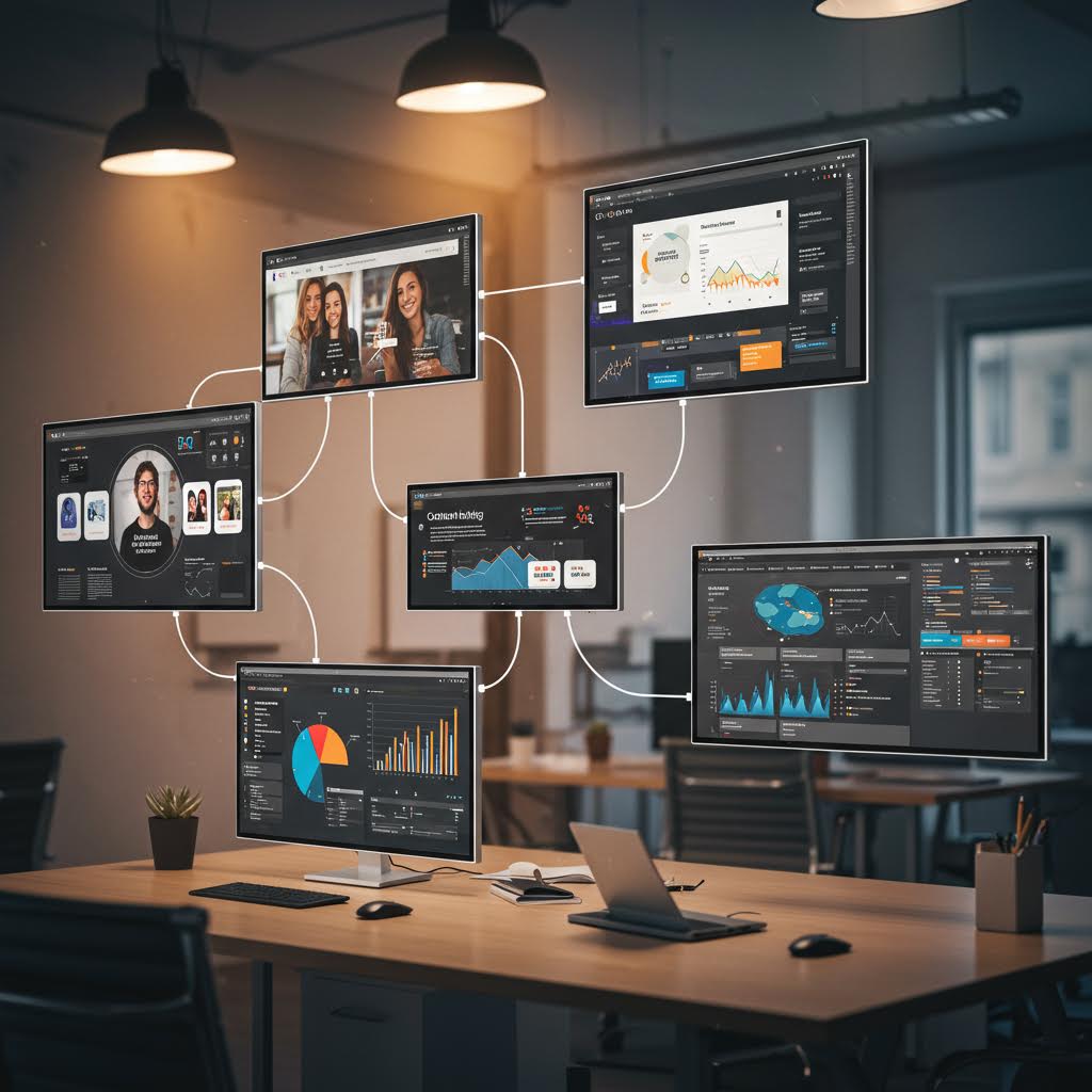 여러 개의 스크린에 재무 데이터와 영상 회의 화면이 연결된 구도 속에 루믹스가 플랫폼 통합 운영을 지원하는 장면