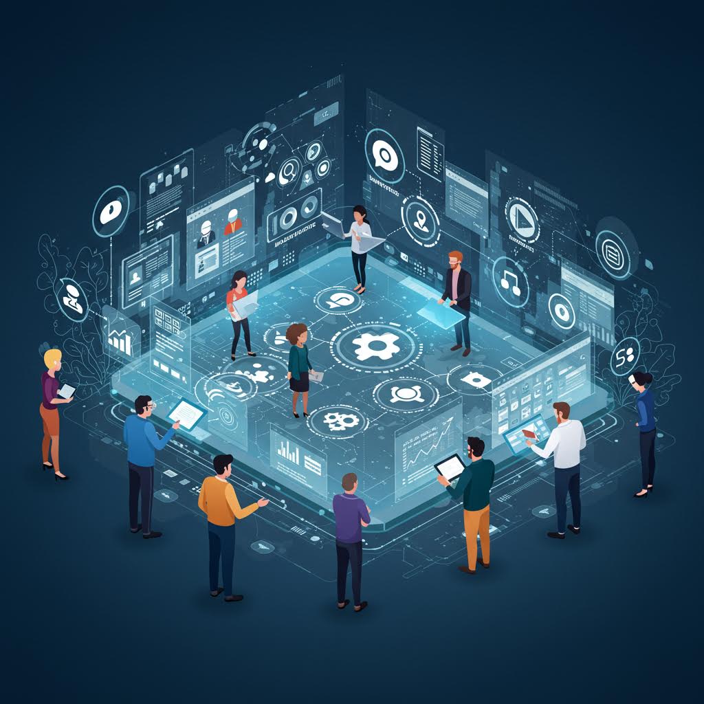 원형 공간 속에서 다양한 인물이 디지털 지표와 상호작용하는 모습으로 루믹스 관련 협업 플랫폼을 형상화한 그림