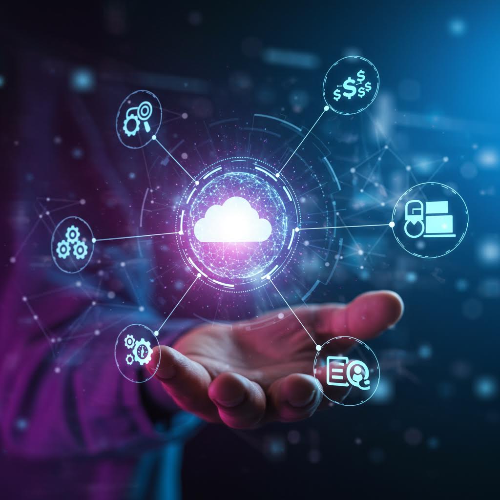 손바닥 위에 떠오른 클라우드와 연결 아이콘들은 루믹스가 주도하는 디지털 플랫폼 생태계를 상징하는 장면