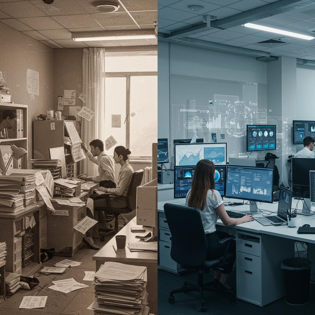 종이 문서로 가득한 사무실과 디지털 대시보드가 루믹스 기술을 기반으로 마케팅과 정산을 통합하는 모습