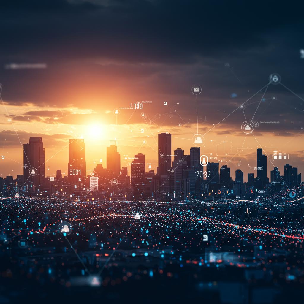 석양 아래 빌딩 숲을 배경으로 디지털 아이콘과 수치가 확장되어 루믹스 기반 전략 구조를 표현한 장면