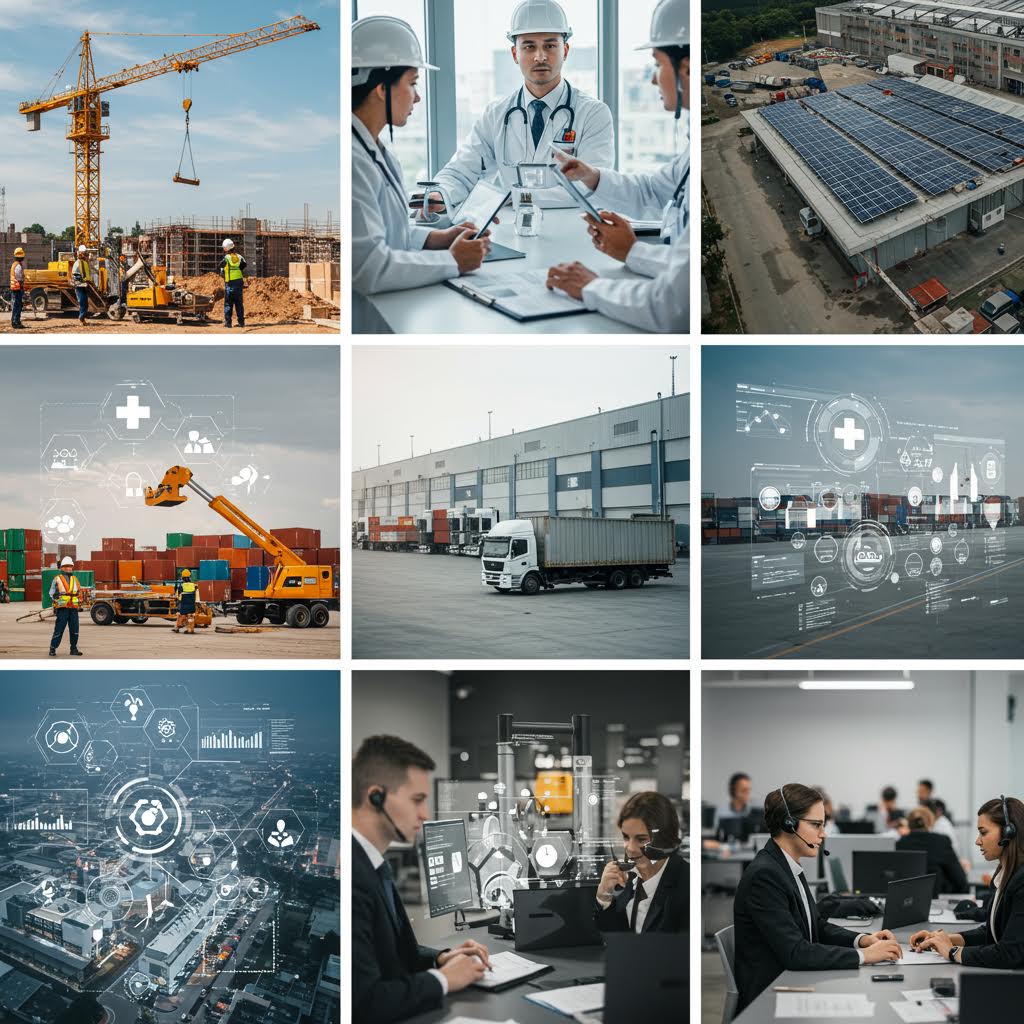 건설 현장과 물류, 사무실 협업 장면이 결합되어 루믹스의 솔루션 운영 구조를 은유적으로 표현한 이미지