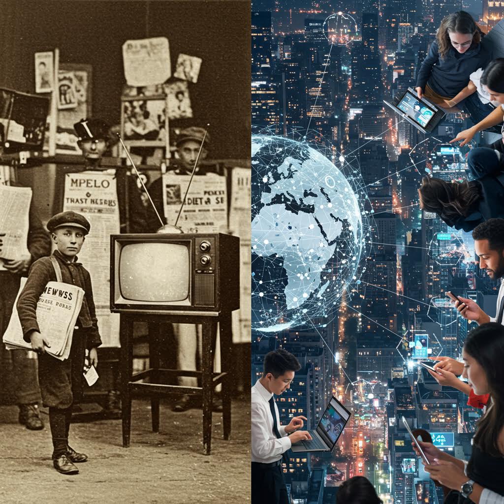 책과 신문을 든 아이와 미래적 도시 네트워크가 이어지는 장면 속에서 운영의 은유로 루믹스가 스며드는 순간