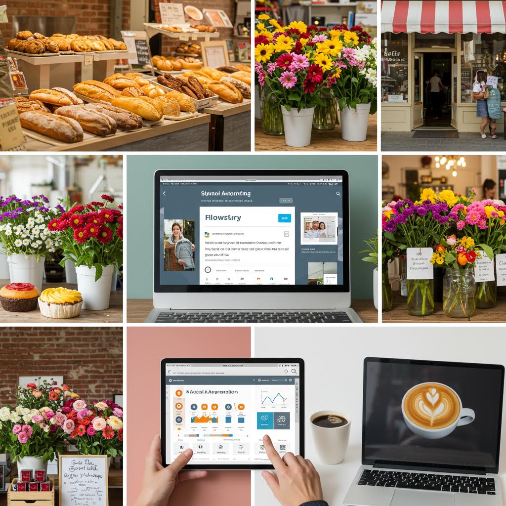 빵집과 꽃가게가 어우러진 일상의 장면에 디지털 화면이 더해지며 운영의 확장이 드러나는 모습