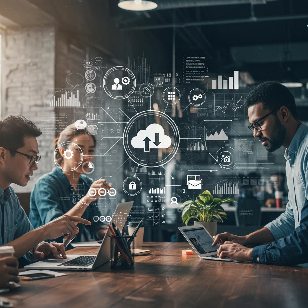 클라우드와 보안 아이콘이 시각화된 화면 속에서 분석하는 모습이 루믹스의 통합 구축 체계를 드러내는 인상