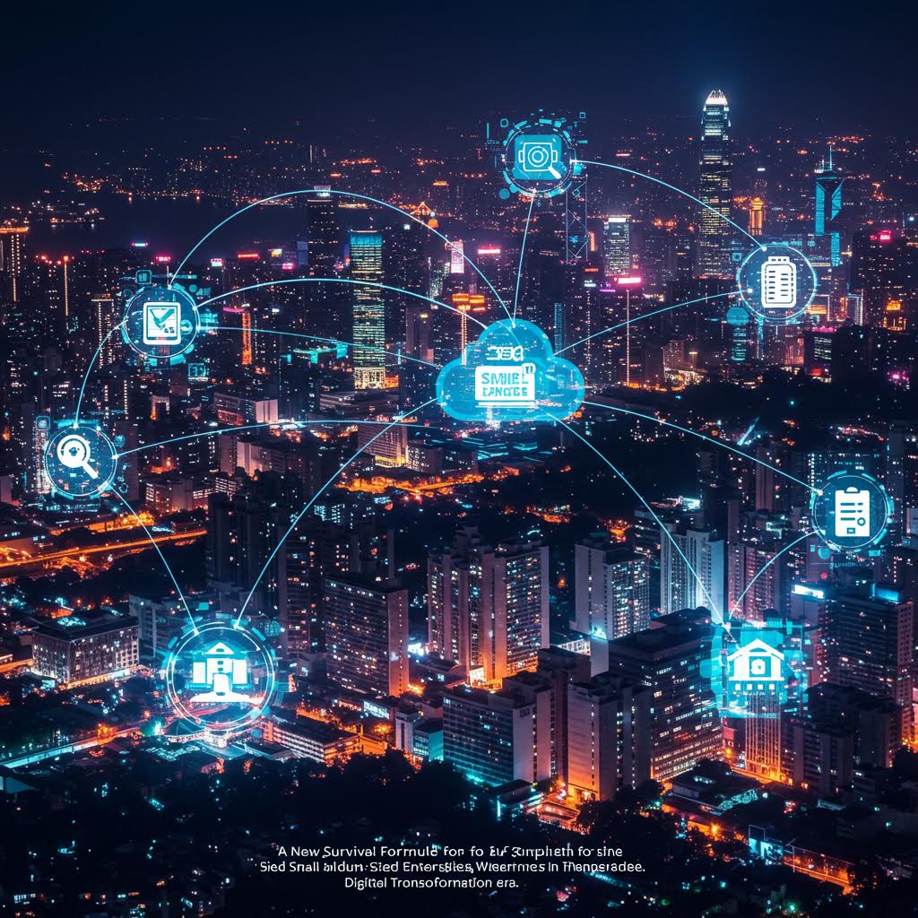 야경 도시 위로 펼쳐진 디지털 네트워크 아이콘들이 루믹스를 연상시키며 통합적 솔루션 운영을 드러내는 장면