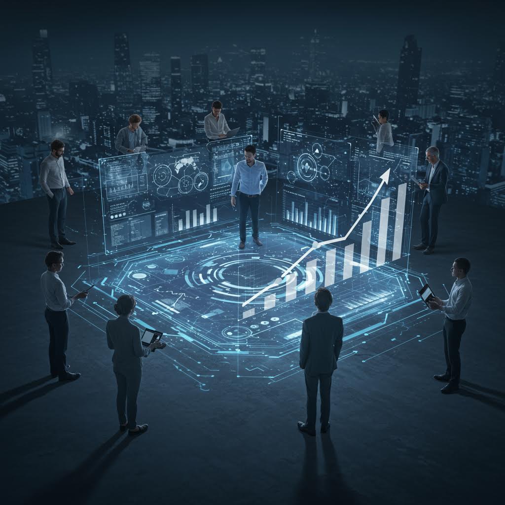 여러 전문가가 데이터 시각화를 공유하며 토론하는 모습 속에 루믹스 관련 비즈니스 성장 체계를 드러낸 그림