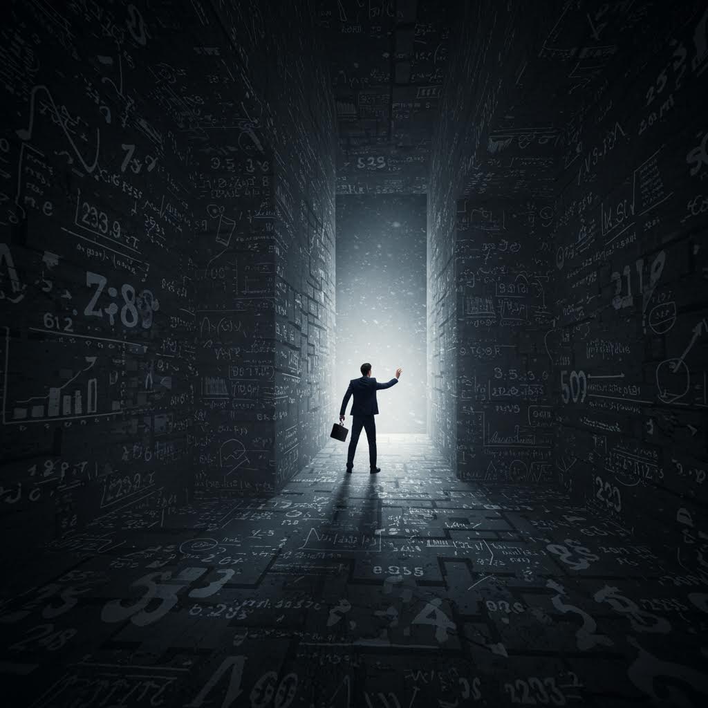 수많은 수식과 기호가 가득한 어두운 복도 끝에서 빛을 향해 다가가는 인물의 장면