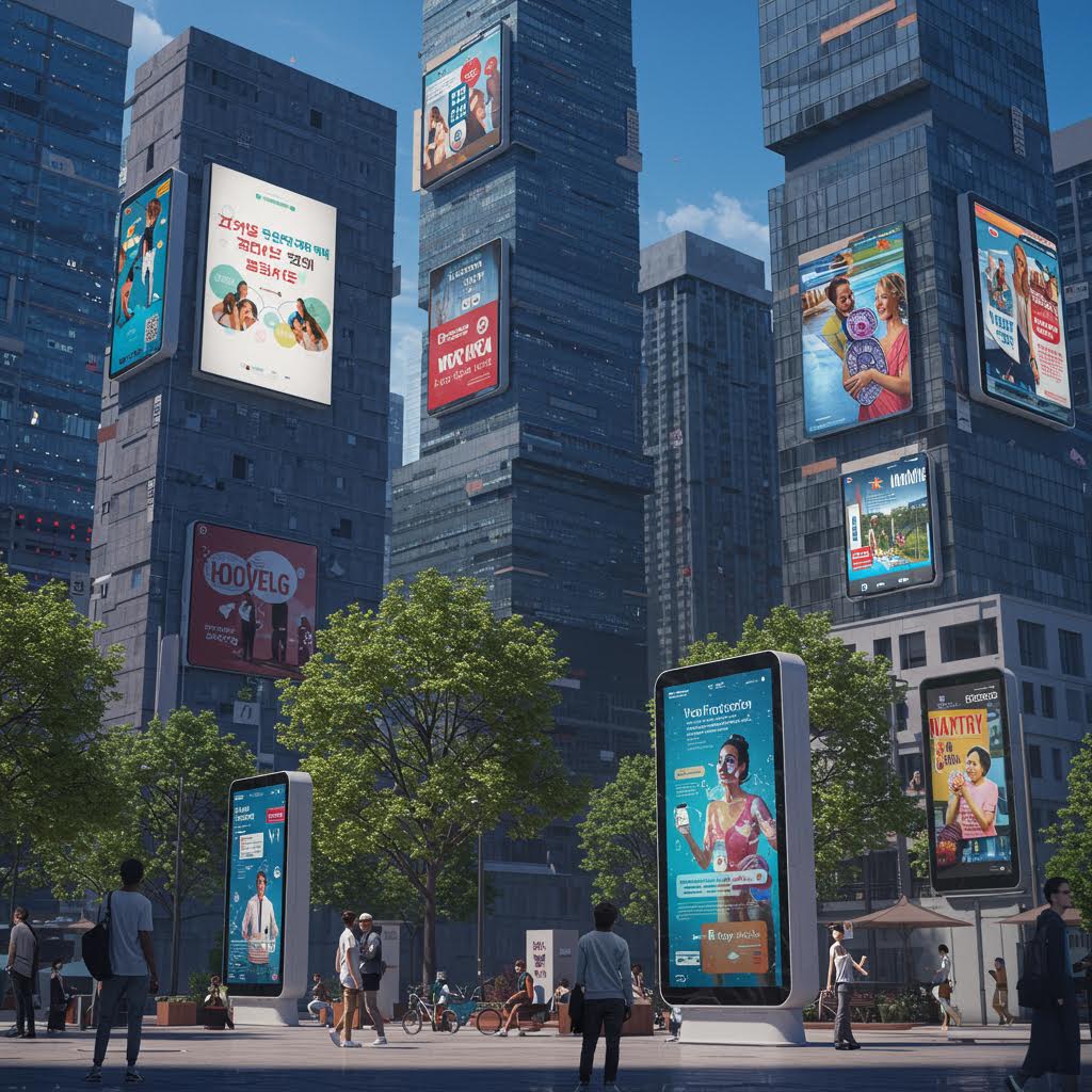 도심 광장에 세워진 거대한 디지털 광고판들은 루믹스가 연결된 네트워크 속 질서를 드러내는 풍경