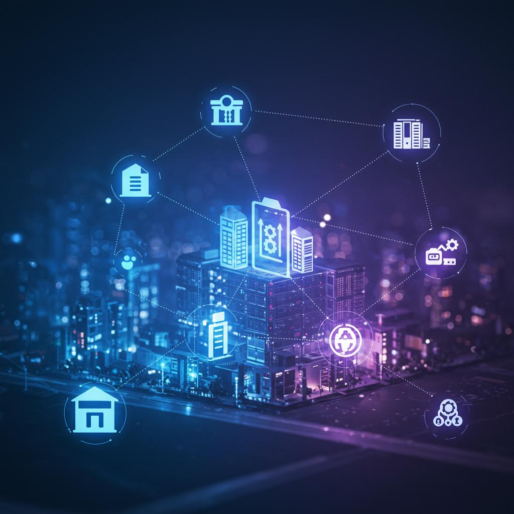 야간 도시 스카이라인 위에 은행, 건물, 부동산, 금융 서비스를 나타내는 연결된 아이콘들로 표현된 스마트 시티 및 도시 인프라 네트워크Retry