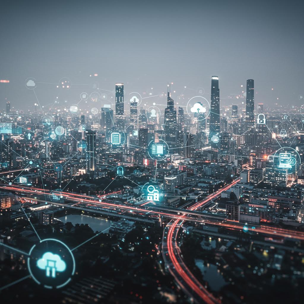 야간 도시 조감도에 클라우드, 데이터베이스, 보안, 서버 등 디지털 아이콘들이 네트워크로 연결되어 있다. 스마트 인프라와 클라우드 컴퓨팅 기반의 도시 운영 시스템.