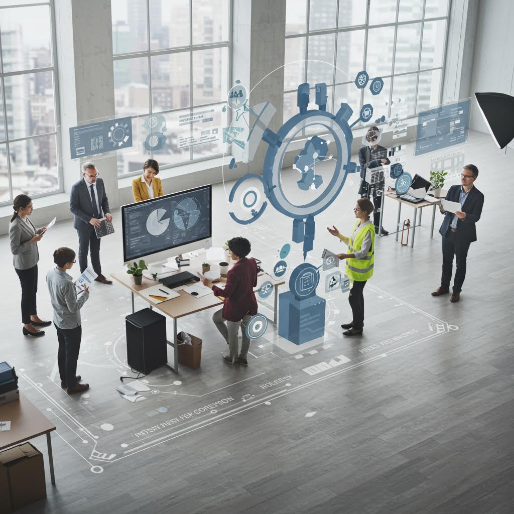 넓은 오피스에서 7명의 팀원이 모여 거대한 홀로그램 기어와 데이터 대시보드를 조작 중이다. 프로젝트 관리, 산업 자동화, 협업 툴의 미래 비전.