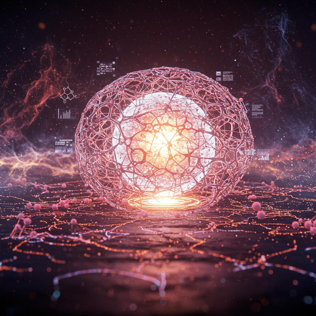 에너지 코어처럼 빛나는 구형 네트워크 구조가 디지털 데이터와 연결된 모습을 표현한 이미지로, 루믹스솔루션의 인공지능 기반 데이터 처리 기술을 상징적으로 보여주는 장면.