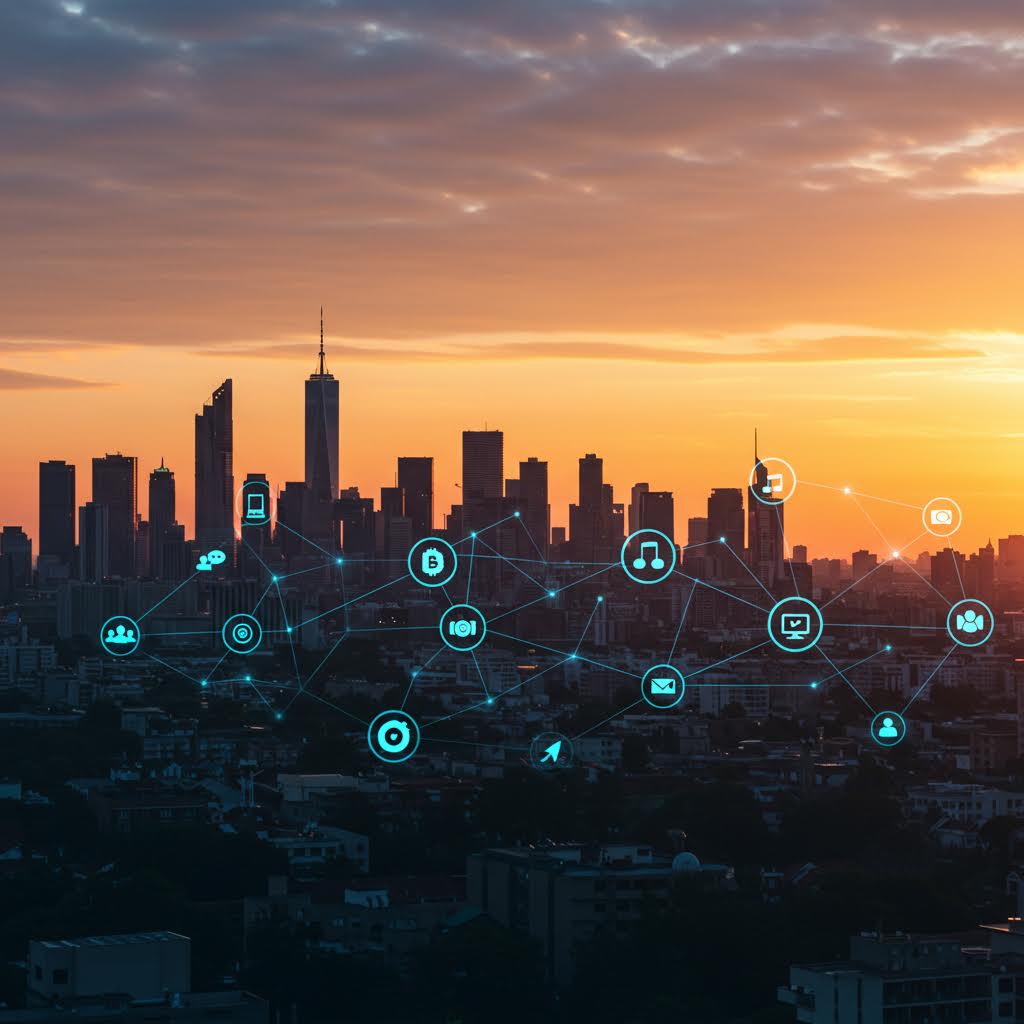 석양 지는 도시 스카이라인 위로 비트코인, 클라우드, 모바일, 카메라 등 디지털 아이콘들이 네트워크 노드로 연결되어 있다. 스마트 시티의 IoT와 블록체인 기반 연결성을 상징.