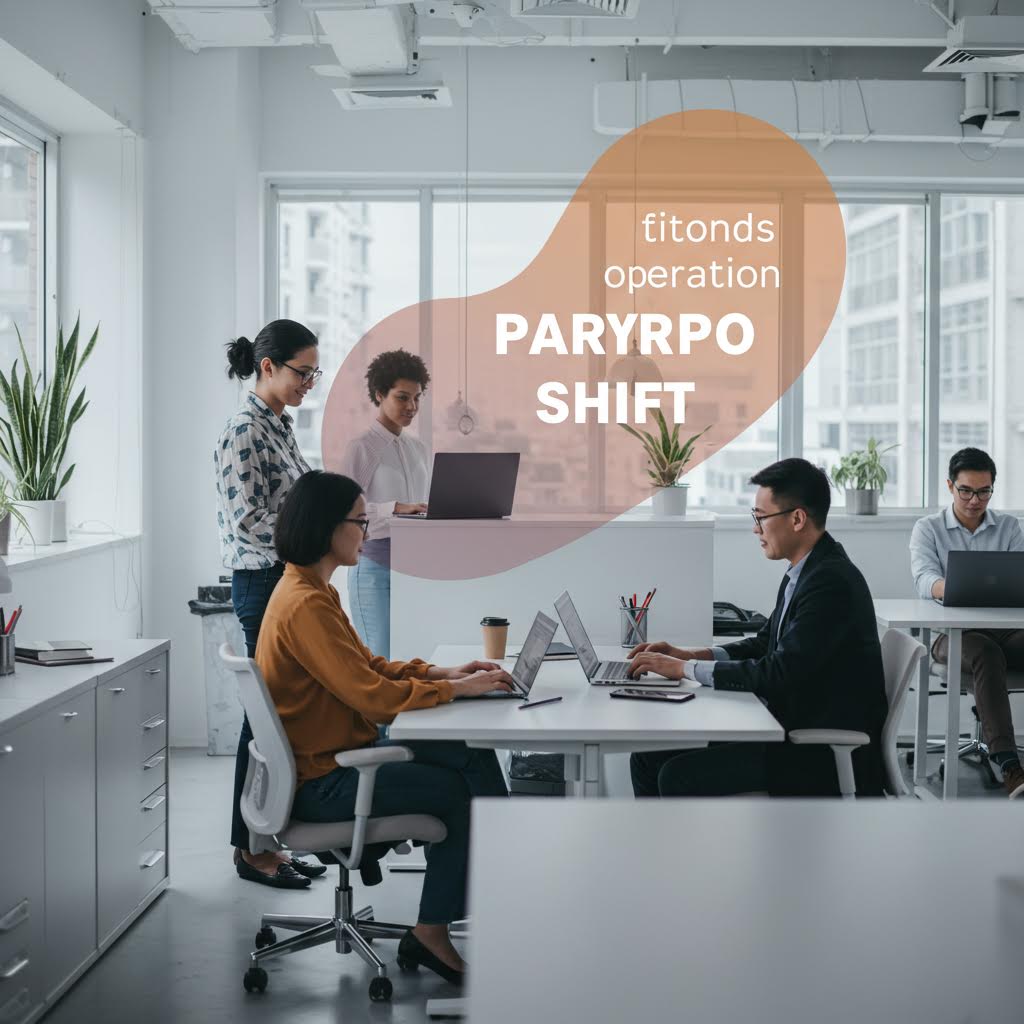 현대 오피스에서 5명의 직원이 노트북과 태블릿으로 작업 중이며, 배경에 'titonds operation PARRYRPO SHIFT'라는 그래픽 오버레이. 운영 전환과 디지털 트랜스포메이션의 개념.