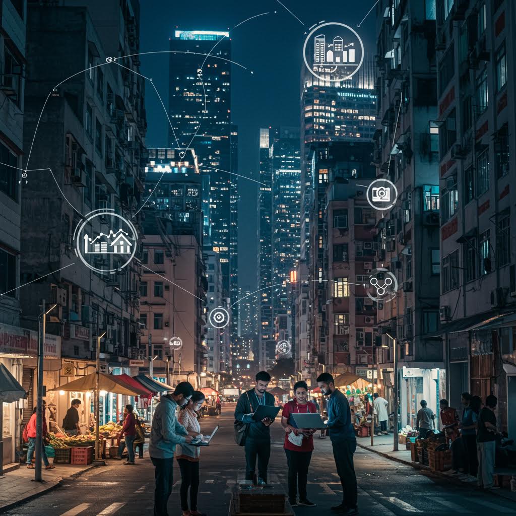 도심 거리에서 데이터를 공유하며 도시 인프라를 분석하는 사람들의 모습으로, 루믹스솔루션의 스마트 시티 데이터 통합 관리 기술을 보여준다.