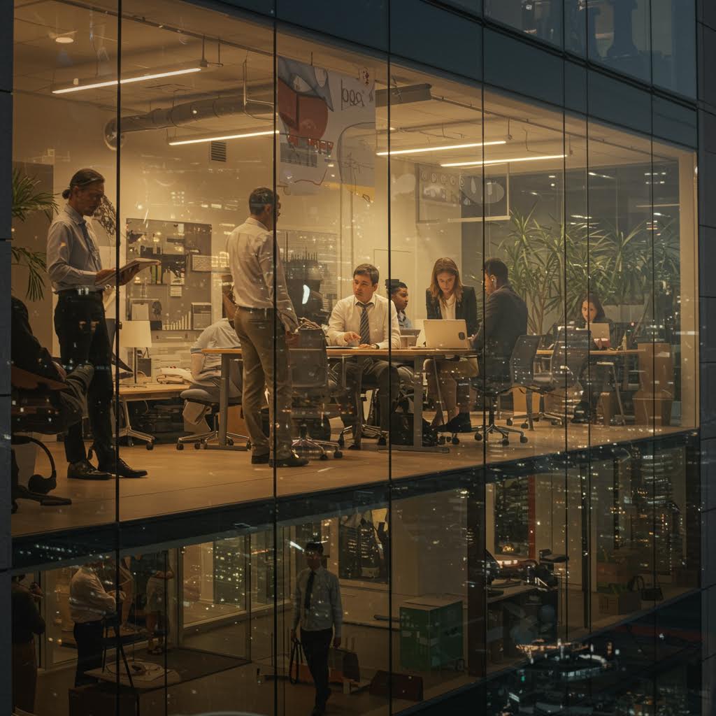 야경 속 유리벽 사무실에서 팀원들이 회의와 데이터 분석에 집중하고 있는 모습으로, 루믹스솔루션의 스마트 업무 협업 환경을 상징적으로 보여주는 장면.