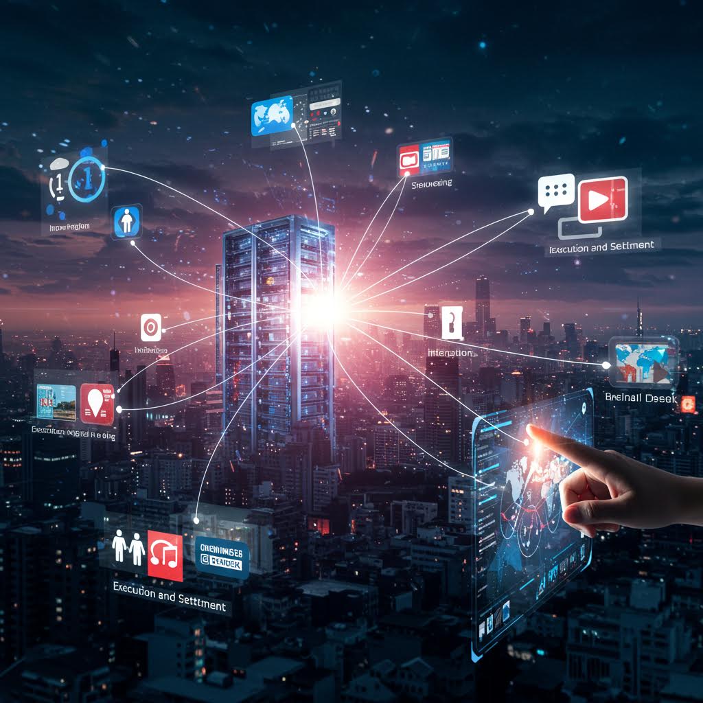 도시 중심의 고층 빌딩을 중심으로 다양한 디지털 아이콘이 연결된 미래형 네트워크 인터페이스 장면으로, 루믹스의 통합 데이터 관리와 자동 정산 시스템을 상징적으로 표현한 이미지.