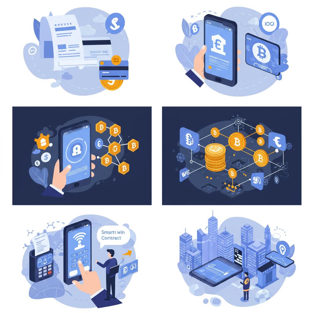 블록체인과 암호화폐 거래를 스마트폰으로 관리하는 다양한 디지털 금융 시스템을 보여주는 일러스트로, 루믹스솔루션의 자동 정산 및 스마트 계약 기술을 시각적으로 표현한 이미지.