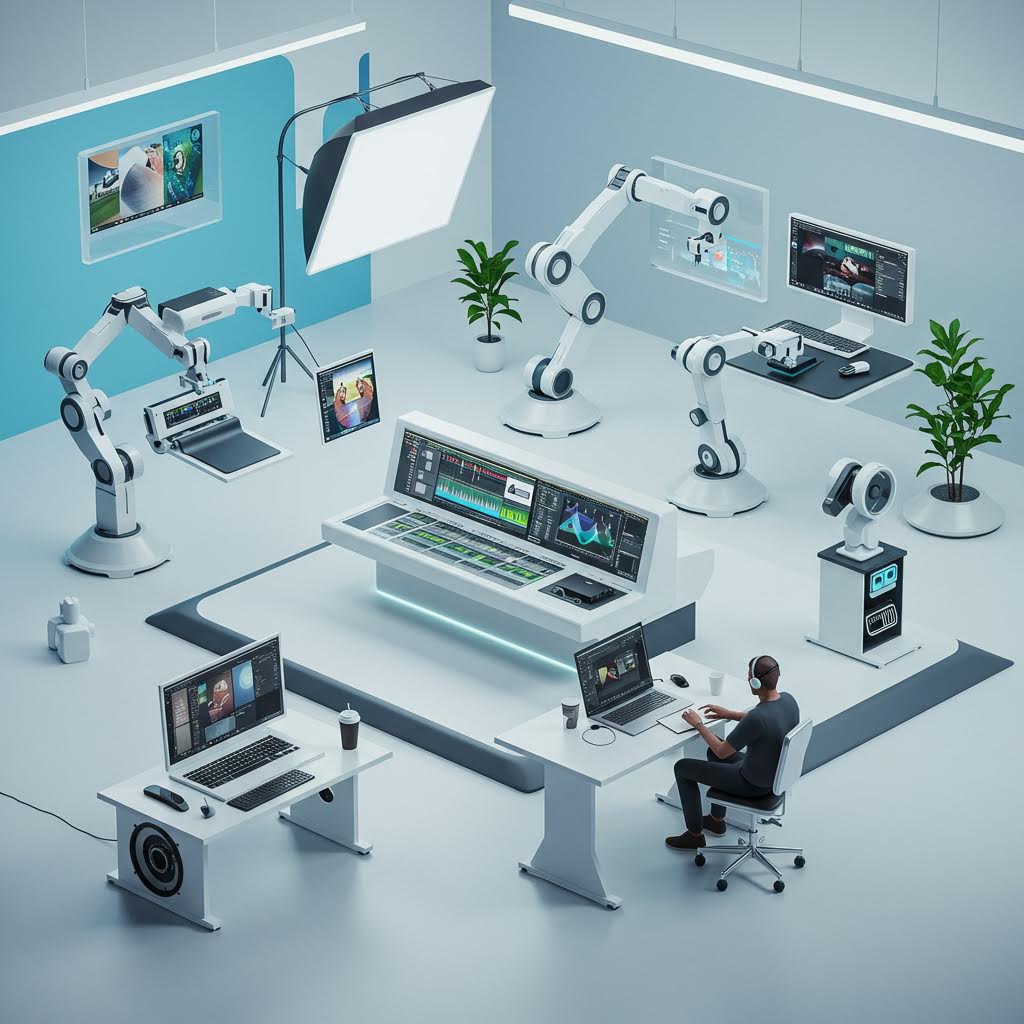 자동화 장비와 사람의 협업이 깔끔한 조명 아래에서 유기적으로 이어지는 창조적 공간의 인상