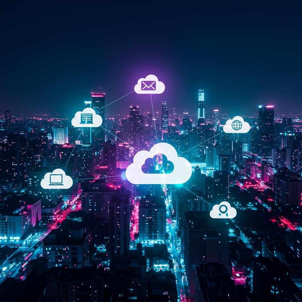 네온빛 도시 위로 클라우드 아이콘이 연결되며 데이터가 공중을 흐르는 디지털 네트워크의 풍경