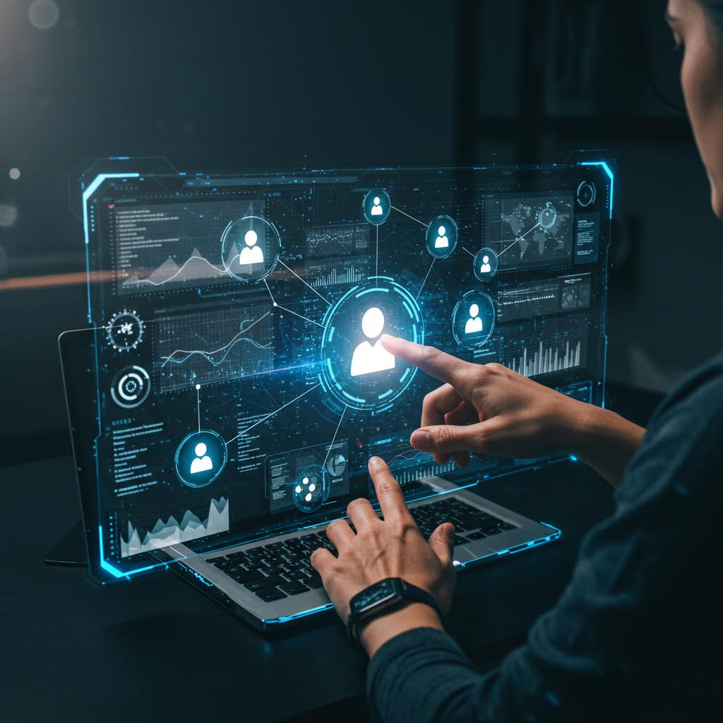 푸른빛 데이터 그래프와 인물 연결선이 겹쳐져 정보 흐름이 시각화된 디지털 제어의 순간