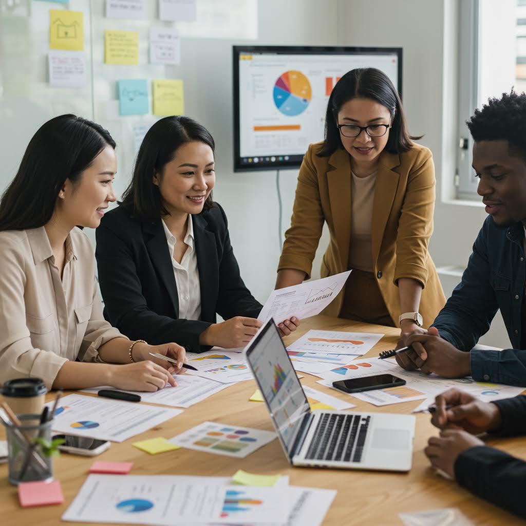 회의실에서 다양한 그래프와 보고서를 검토하며 협업하는 팀의 모습으로, 루믹스솔루션이 제공하는 데이터 기반 비즈니스 분석 환경을 보여주는 장면.