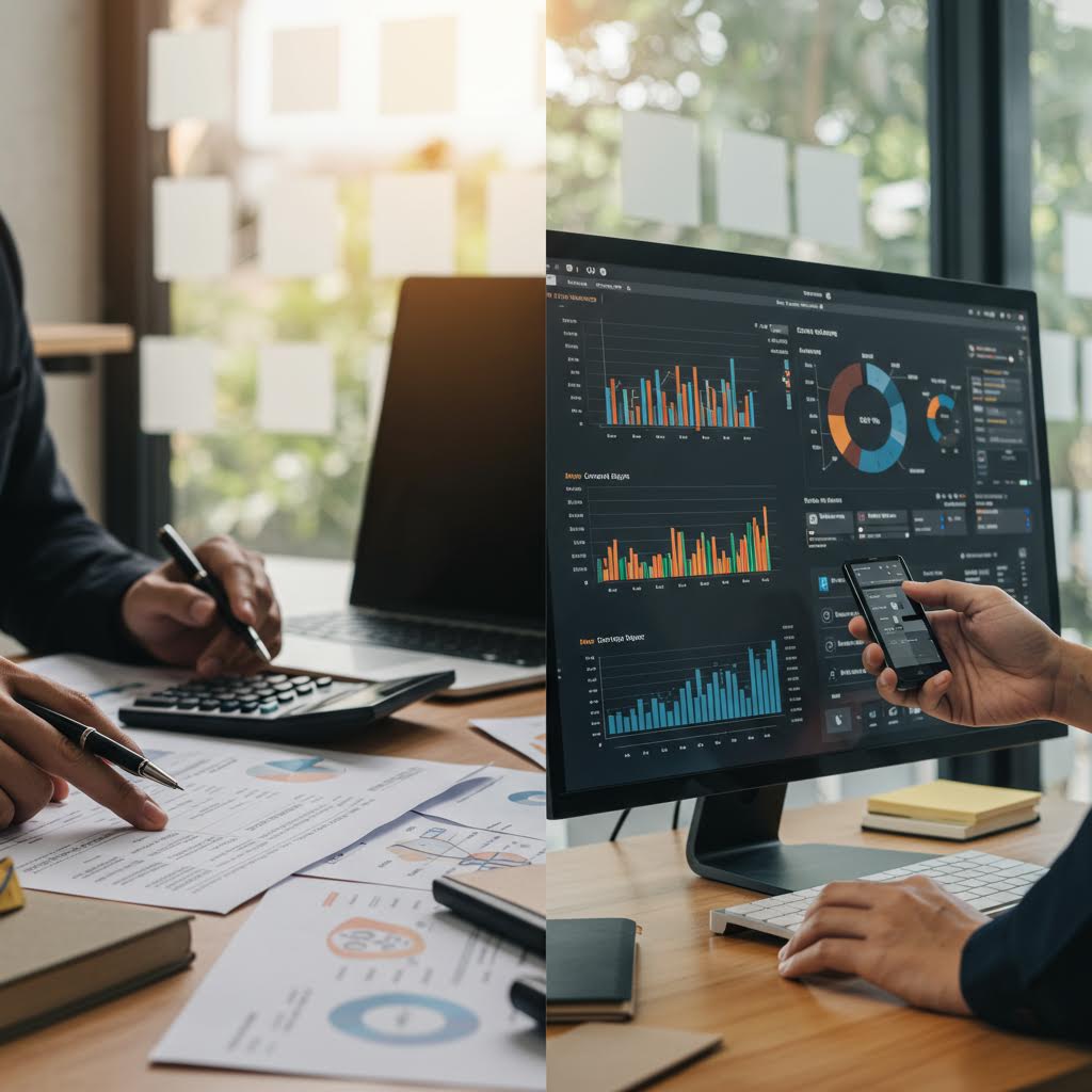 모니터와 문서가 교차하는 공간에 루믹스의 운영 구조가 유연하게 흐르는 협업의 인상