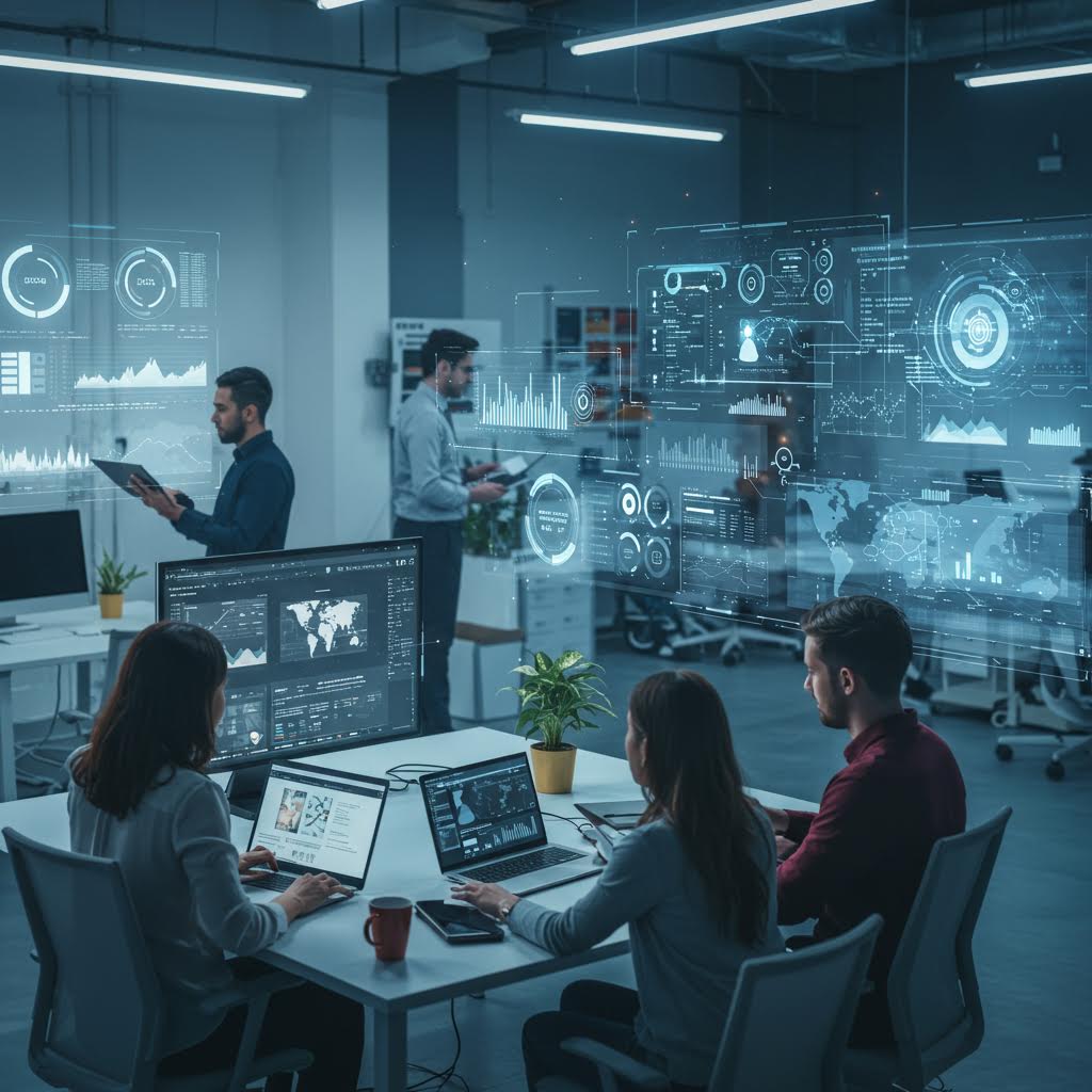 데이터 패널이 겹쳐진 회의실 안에서 루믹스의 운영 감각이 드러나는 정밀한 분석의 순간