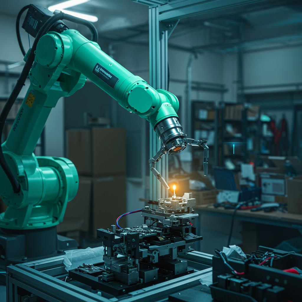 공장 내부에서 청록색 산업 로봇 팔이 정밀 용접 작업을 수행 중이다. 자동화 제조와 스마트 팩토리의 실시간 운영 장면.