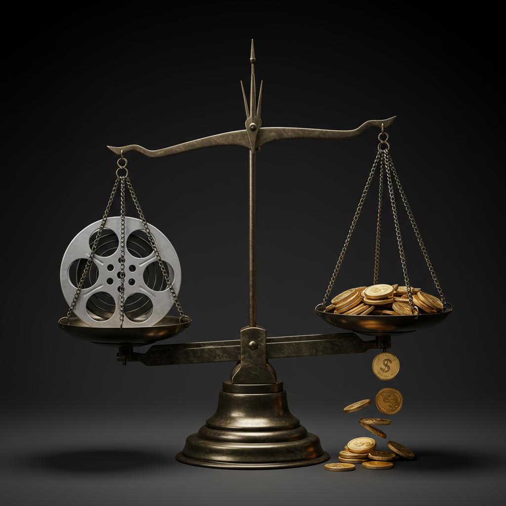 필름 릴과 금화가 저울 위에 마주 선 모습은 루믹스가 운영하는 균형 잡힌 솔루션을 은유하는 장면