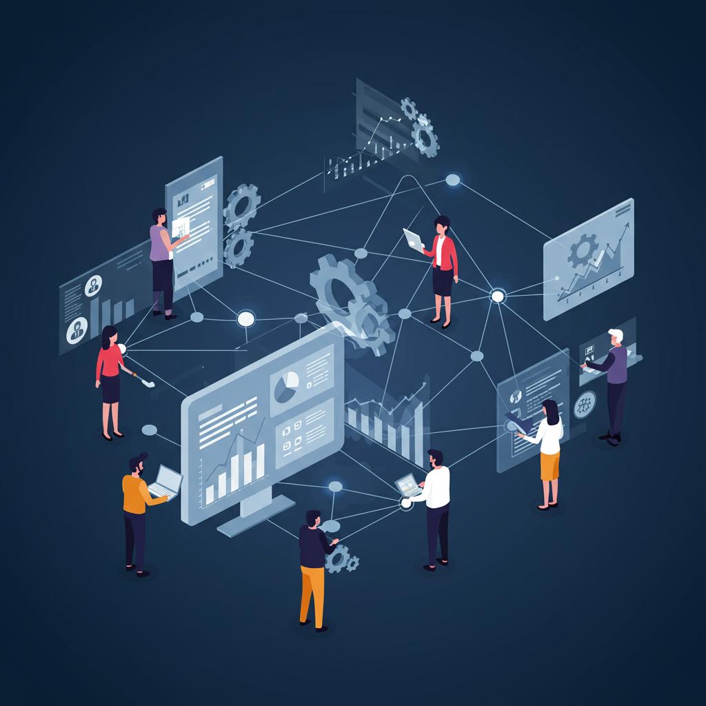 여러 인물이 그래프와 톱니바퀴 화면을 연결하며 협업하는 장면은 루믹스가 운영하는 통합 솔루션을 은유하는 모습