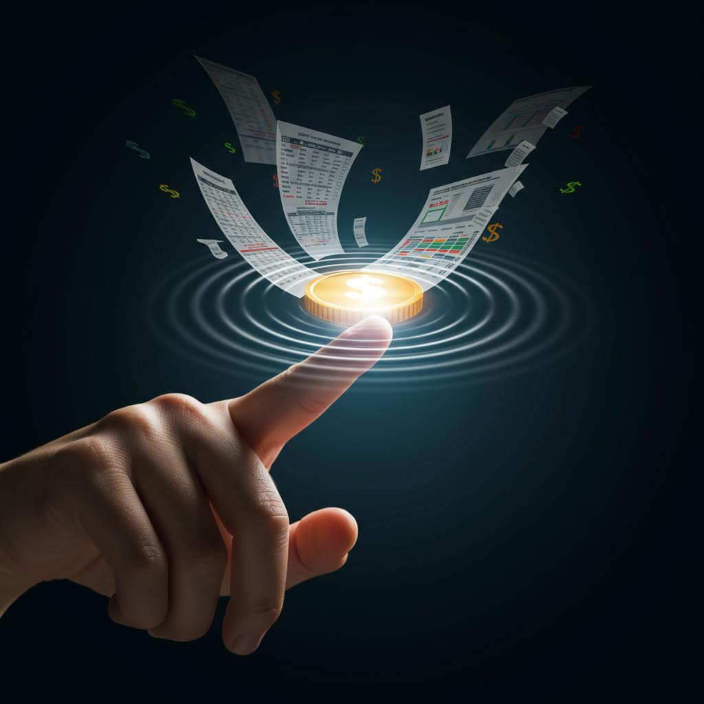 손끝이 빛나는 동전을 터치하자 파문이 번지고 데이터 문서들이 흩날리는 모습은 루믹스 솔루션의 운영 방식을 은유하는 장면