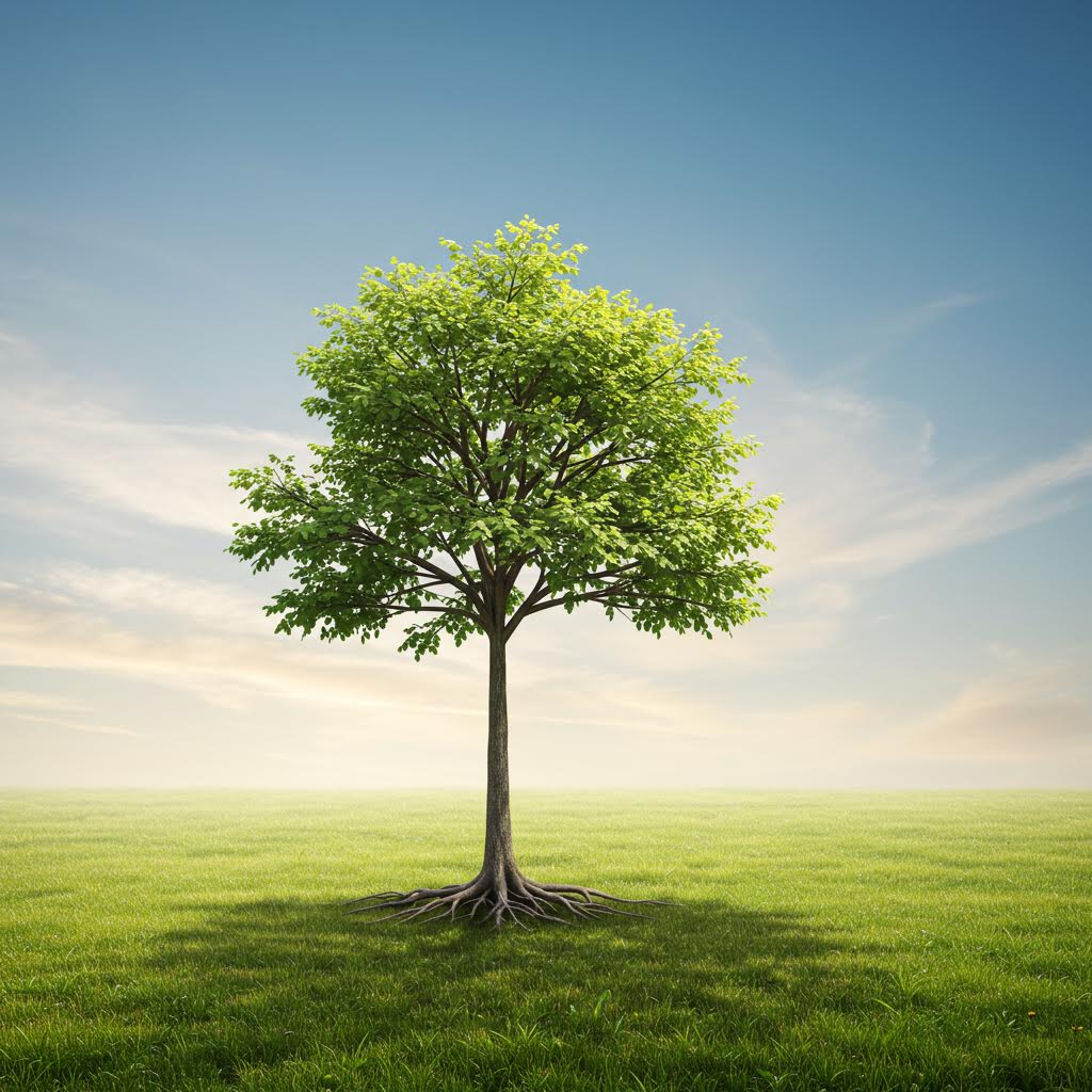 푸른 들판 한가운데 우뚝 선 나무가 햇살을 받으며 루믹스가 구축한 체계적 운영을 은유하는 풍경