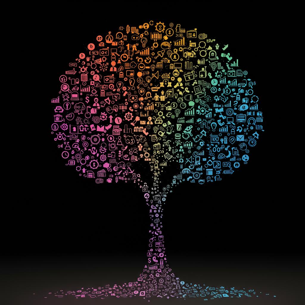 수많은 아이콘이 모여 형성된 빛의 나무는 루믹스 솔루션이 구축한 데이터 네트워크를 은유하는 인상